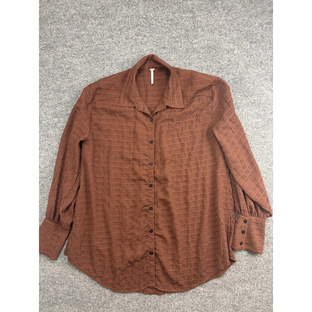 Free People Shirt Womens XS Brown‎ Stripe Button Front Long Sleeve Tunic Top